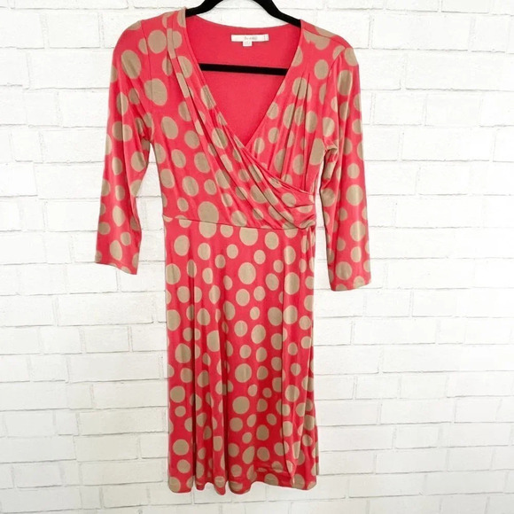 Boden Tan & Coral  Raspberry Dots Faux Wrap Polka Dot Dress Women's US Size 6R - Picture 1 of 6
